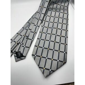 Barneys New York Mens Silk Tie Silver Black Gold Geometric Grid Made in USA